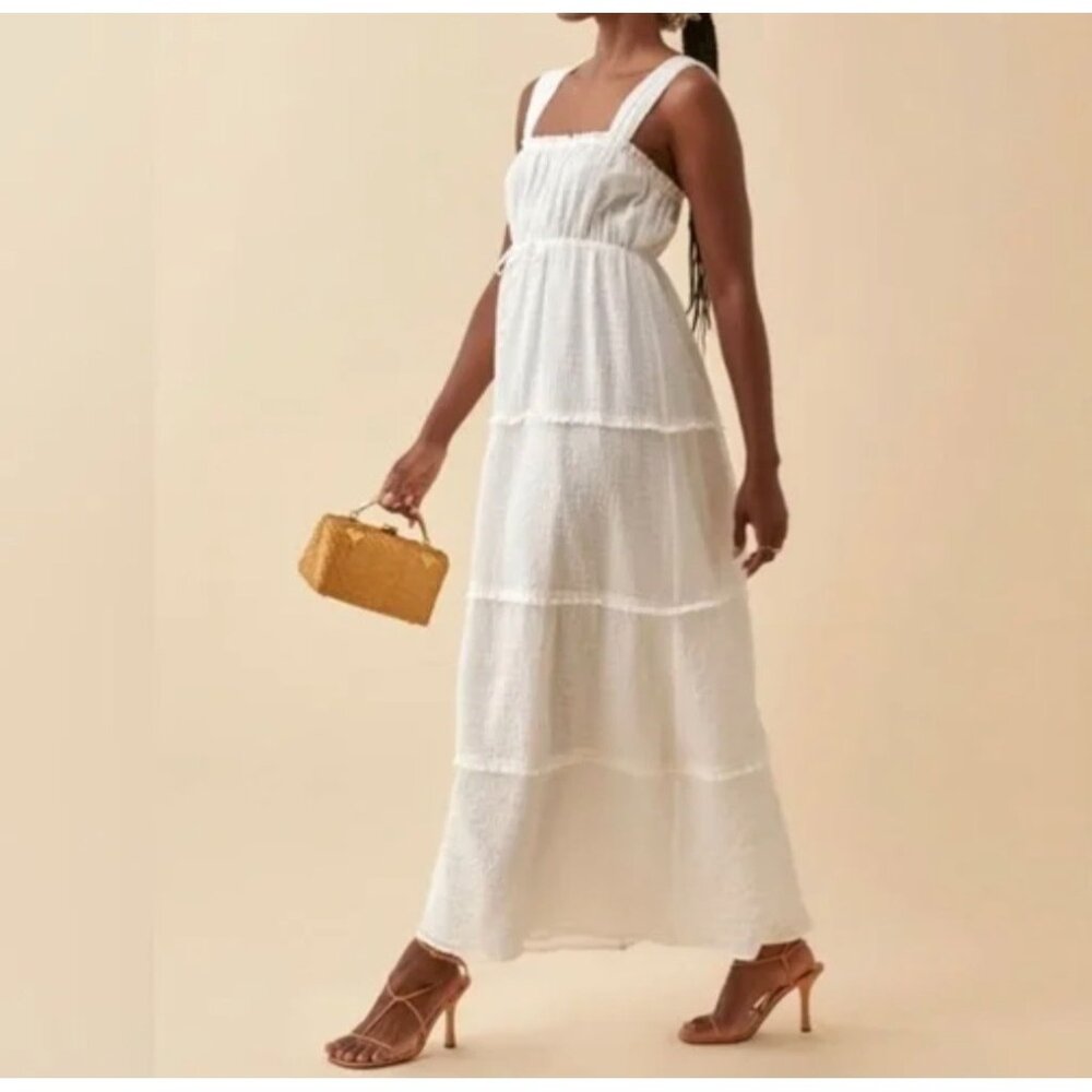 Reformation Minimalist White Tiered Maxi Dress With Smocked Bodice Adjustable St